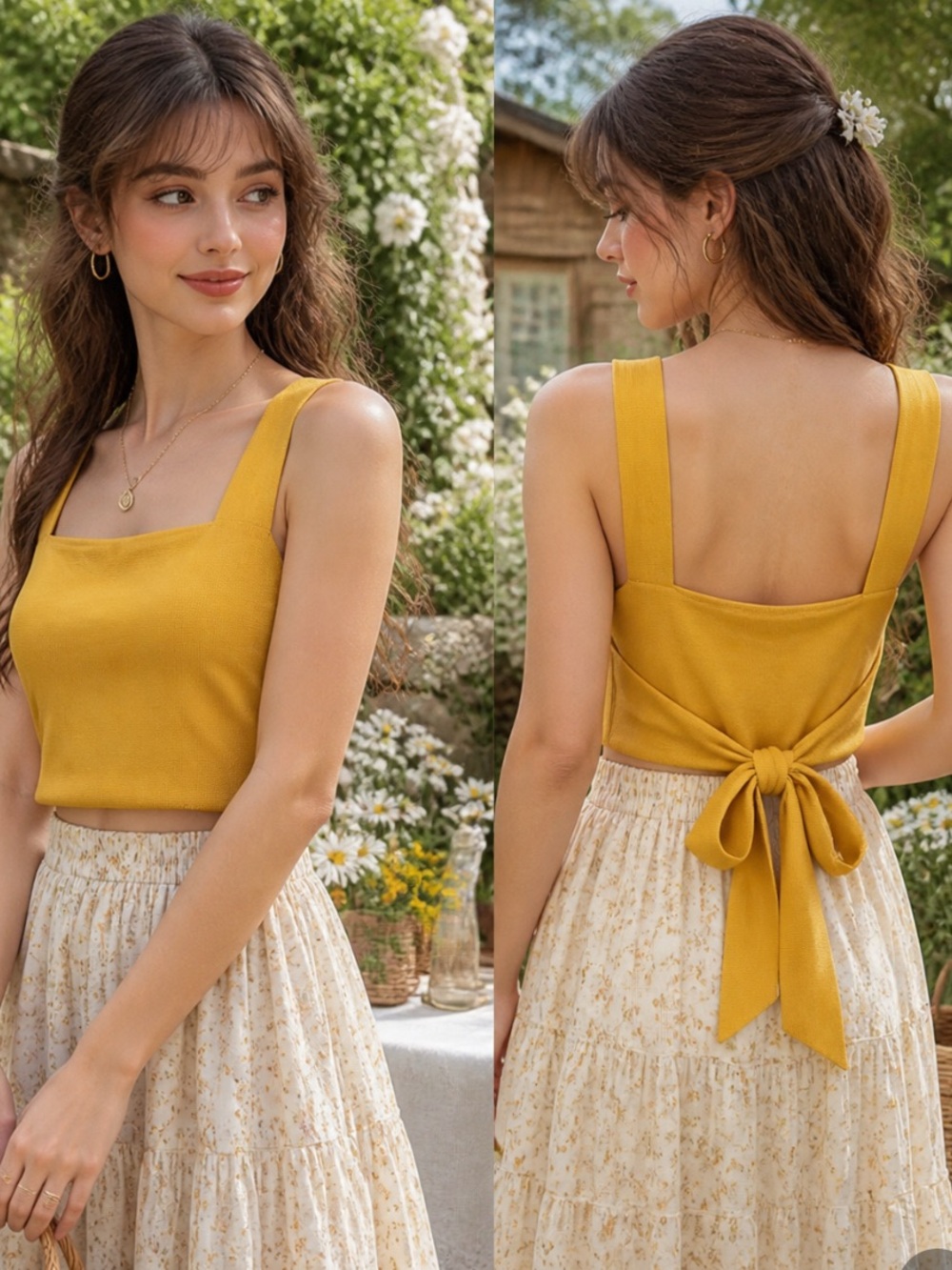 Anthropologie knit Tank Womens S Yellow Square Neck Tie Back Cottagecore